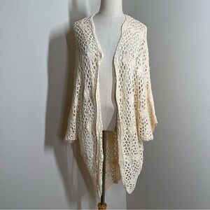 KyeMi Womens Cream Open Knit - SZ S -Short Dolman Sleeve Crochet Cardigan Duster